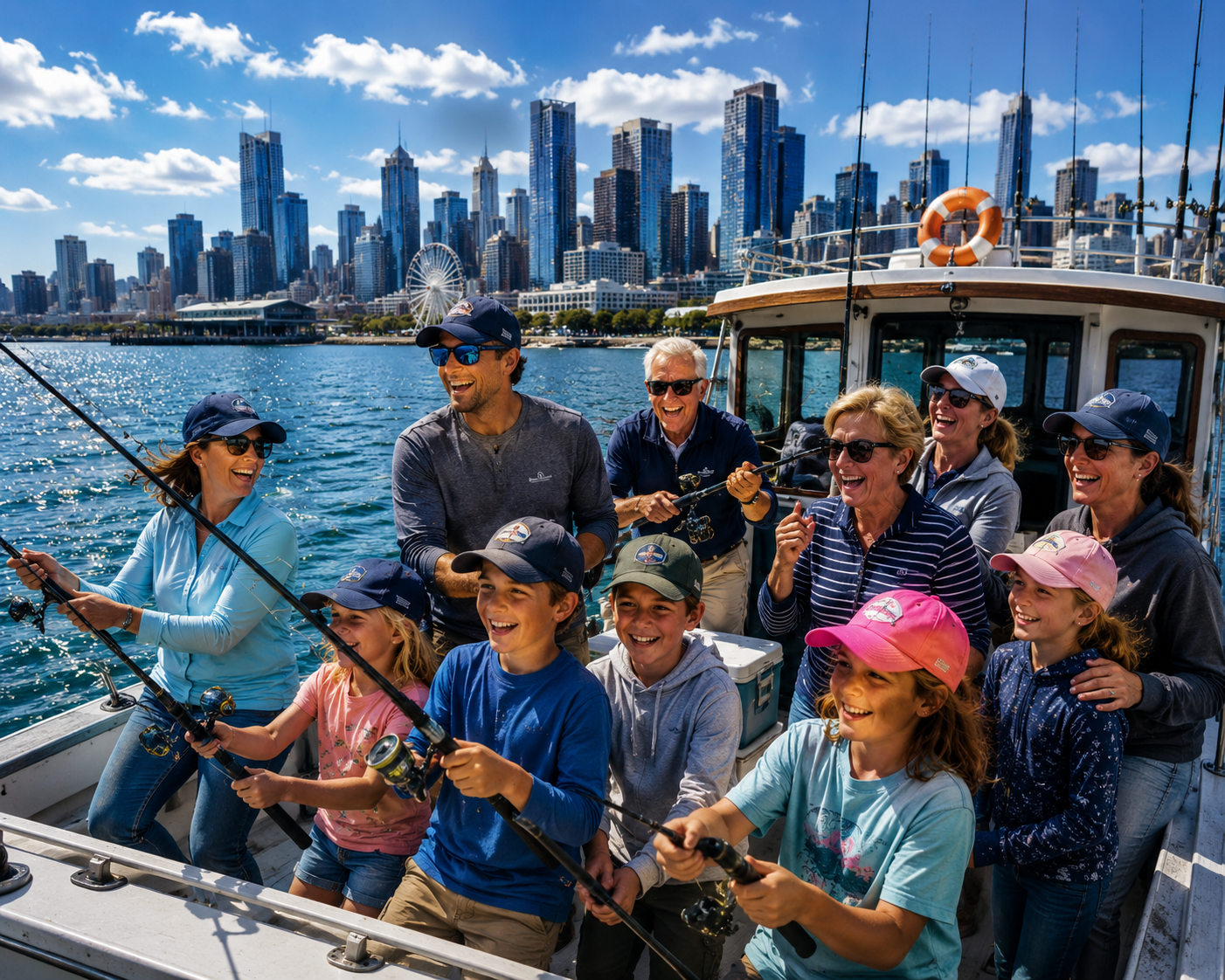 Multi-generational family fishing together in Melbourne Bay